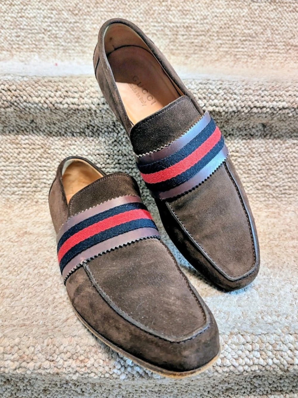 Vintage GUCCI Brown Suede Web Stripe Loafers Slip On 243810 Men's Size 9 (US 10)
